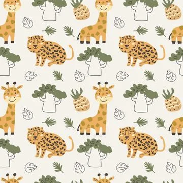 Cute african leopard, giraffe and pineapple and seamless pattern in scandin.. Stock Illustration