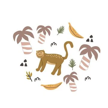 Cute african monkey and palm leaf composition in scandinavian doodle style. Stock Illustration