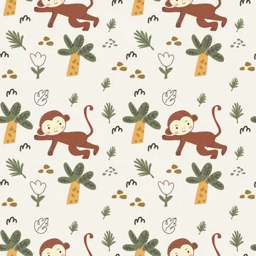 Cute african monkey and palm seamless pattern in scandinavian doodle style. Stock Illustration