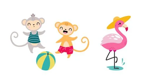 Cute African Monkey Playing Ball and Pink Flamingo Splashing in Water Enjoying Stock Illustration