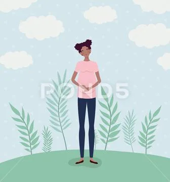 Cute afro woman pregnancy in the landscape Stock Illustration