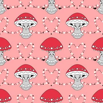 Cute agaric mushroom seamless pattern. Red background with fungus and heart.. Stock Illustration