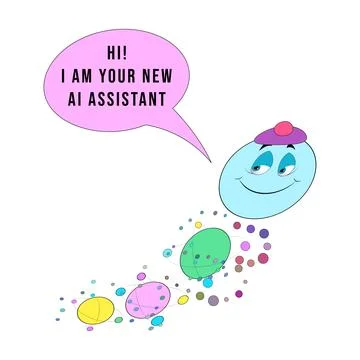 Cute AI assistant character with speech bubble and abstract orbiting data e.. Illustrazione stock