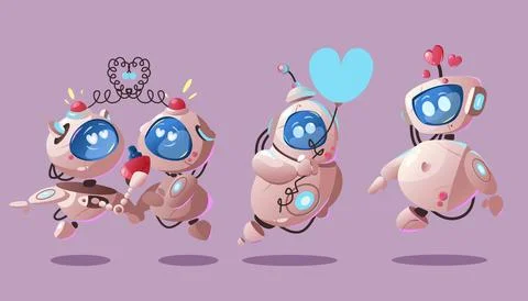 Cute ai robot bot character fall in love cartoon Stock-Illustration