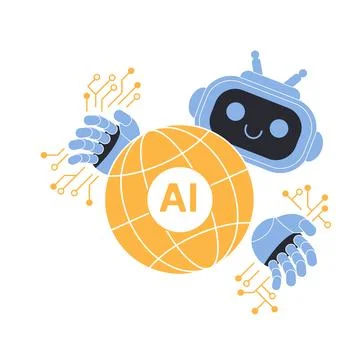 Cute AI robot holding digital globe Illustration