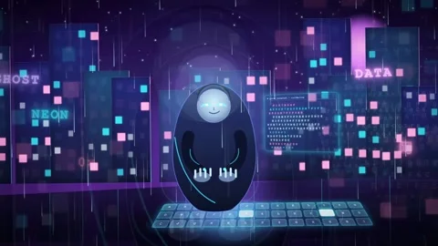 Cute AI Robot Typing on Holographic Keyboard in Neon Cyberpunk City Stock Footage 341455191