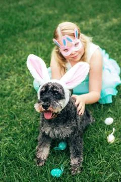 Cute Airedale Terrier dog in Easter bunny ears and little girl in bunny mask on Stock Photos