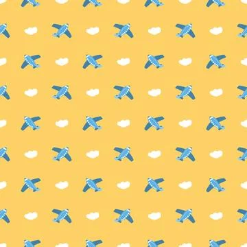 Cute Airplanes and clouds Seamless Pattern, Childish Cartoon background Illustrazione stock