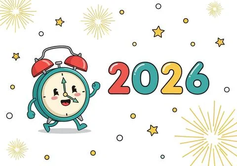 Cute Alarm Clock Character Walking Towards 2026 Year Text with Stars and Fi.. Stock Illustration