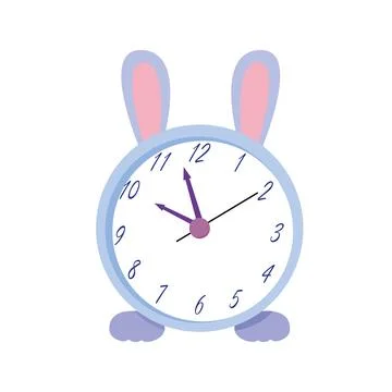 Cute alarm clock with rabbit ears and paws on a white background. Vector il.. Stock Illustration
