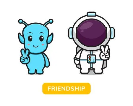 Cute alien and astronaut make a friendship cartoon vector icon illustration 스톡 일러스트