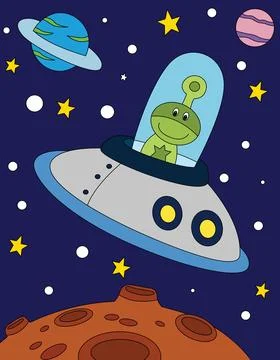 Cute alien cartoon in the spaceship vector illustration Stock Illustration