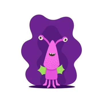 Cute alien character with wings vector illustration. Friendly pink monster on Stock Illustration