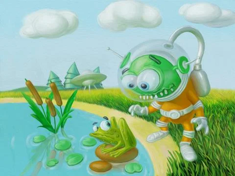 Cute alien flew to the planet earth and met the frog Stock Illustration