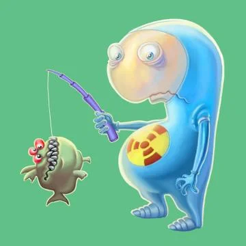Cute alien has caught fish. Cartoon illustration. Illustrazione stock