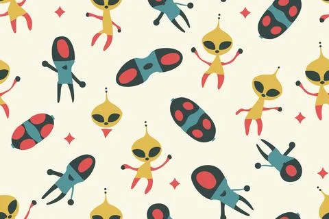 Cute alien kids textile pattern. Fabric design cosmos star little monsters for 스톡 일러스트