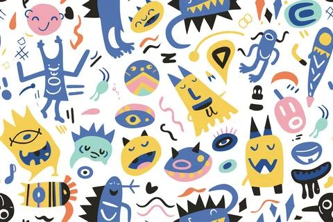 Cute alien kids textile pattern. Fabric design cosmos star little monsters for Stock-Illustration