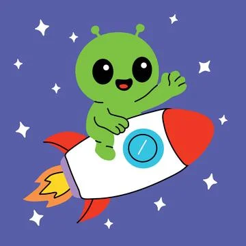 Cute Alien Riding Rocket Ship in Outer Space Stock-Illustration