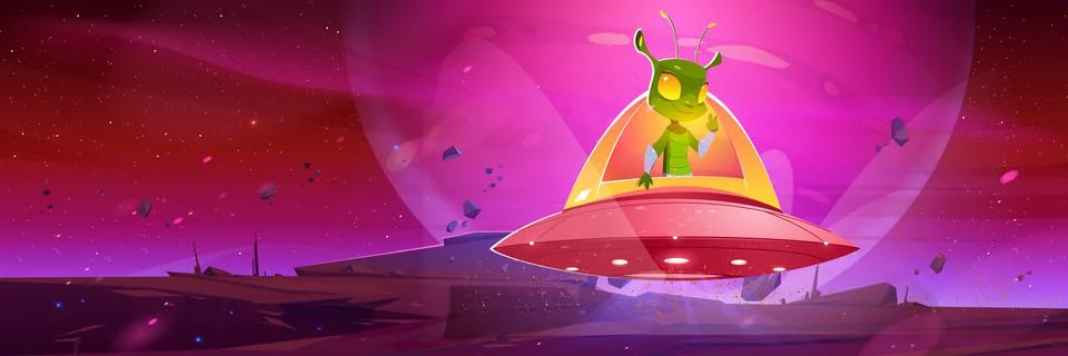 Cute alien in spaceship hover above planet surface Stock Illustration