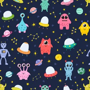 Cute aliens in space seamless pattern. Flying saucers background for kids with Illustrazione stock