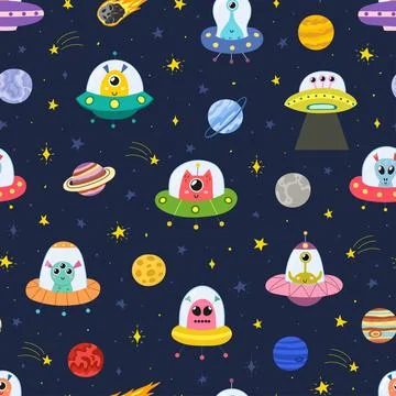 Cute aliens in space seamless pattern. Flying saucers funny childish background Illustrazione stock