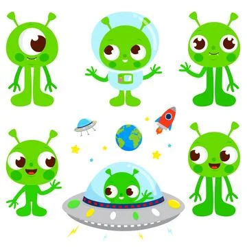 Cute aliens in space. Vector illustration set Stock Illustration