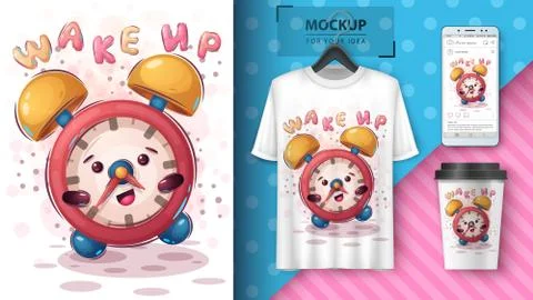 Cute allarm clock poster and merchandising. Stock Illustration