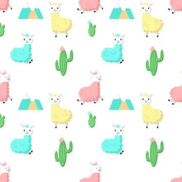 Cute alpaca with cactus vector seamless pattern Stock Illustration