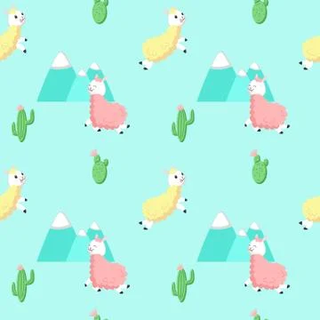 Cute alpaca with cactus vector seamless pattern Stock Illustration