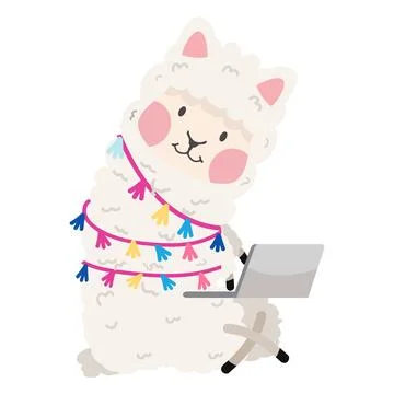 Cute alpaca with laptop vector Stock Illustration