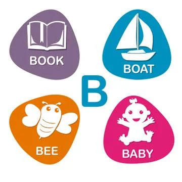 Cute alphabet in vector. B letter for Book, Boat, Bee and Baby Stock Illustration