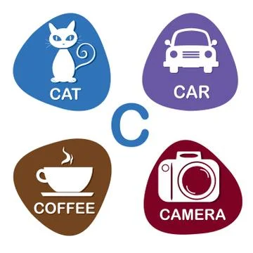 Cute alphabet in vector. C letter for Cat, Car, Coffee and Camera Stock Illustration