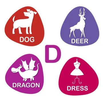 Cute alphabet in vector. D letter for Dog, Deer, Dragon and Dress Stock Illustration