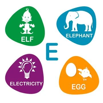 Cute alphabet in vector. E letter for Elf, Elephant, Electricity and Egg Stock Illustration