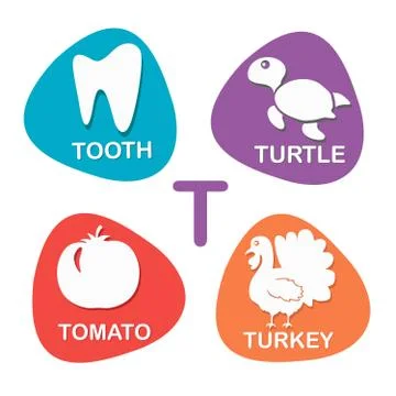 Cute alphabet in vector. T letter for Tooth, Turtle, Tomato and Turkey Stock Illustration