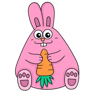 A cute and chubby rabbit sitting holding a carrot, doodle icon image Stock Illustration