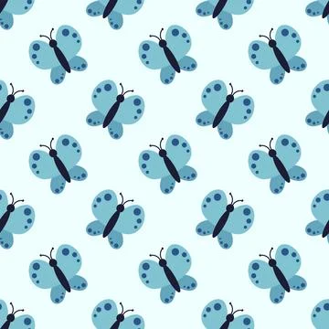 Cute and cozy Seamless Pattern with blue butterfly. Children background Stock Illustration