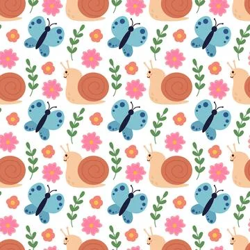 Cute and cozy Seamless Pattern with snail, butterfly, branches and flowers Stock Illustration