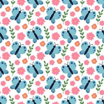 Cute and cozy Seamless Pattern with butterfly, branches and flowers Stock Illustration