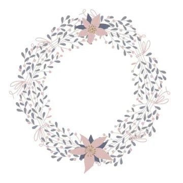 Cute and elegant vector floral round frame. Pastel tone plant circle winter Illustrazione stock
