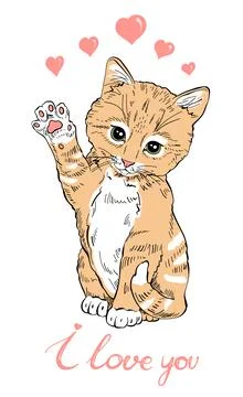 A cute and fluffy kitten sits and waves a paw with the text I love you Stock Illustration