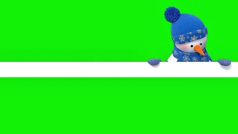 A cute and friendly 3D snowman character emerges from behind a long Видео 329201858