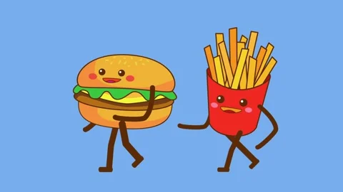 Cute and fun Hamburger and french fries walking animation loop Stock Footage