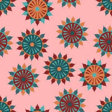 Cute And Fun Wheel Shape Abstract Repeat Pattern In Teal Green, Red And Pink Stock Illustration