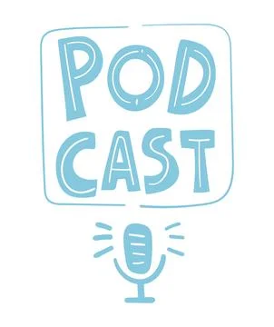Cute and funny blue text Podcast with a microphone sign. Radio broadcast logo Illustrazione stock