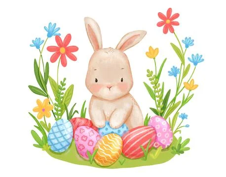 Cute and funny Easter Bunny or Easter Rabbit peeking behind pile of painted Stock Illustration