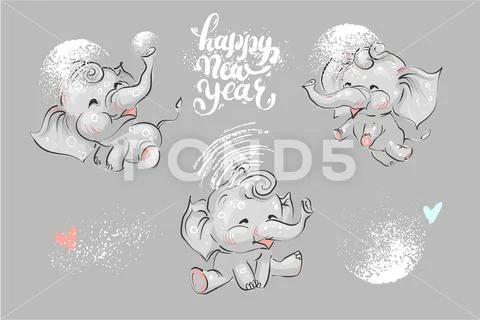 Cute and funny elephant set for winter Chrismas holidays and New Year lettering Stock Illustration