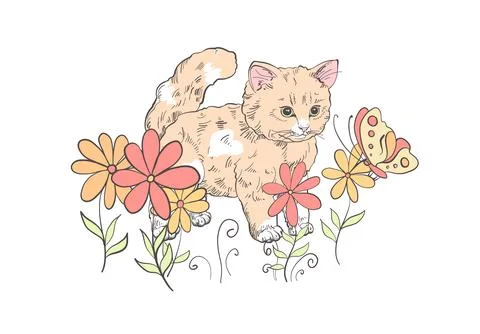 Cute and funny kitten silhouette looking curiously sitting in flowers playing Stock Illustration