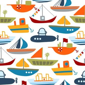 Cute and nautical seamless pattern with child boat. Hand drawn style. Illustrazione stock