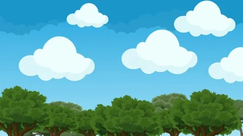Cute and Puffy Cartoon Clouds Hovering in a Blue Sky Above the Trees Stock Footage 63441787